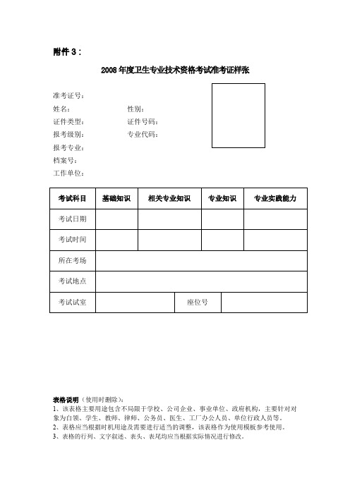 2008年度卫生专业技术资格考试准考证样张