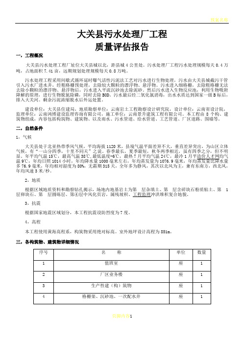 大关县污水处理厂工程监理质量评估报告