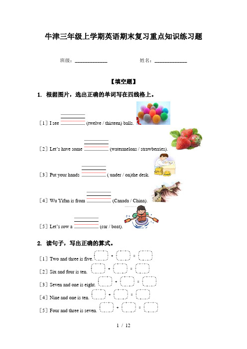 牛津三年级上学期英语期末复习重点知识练习题