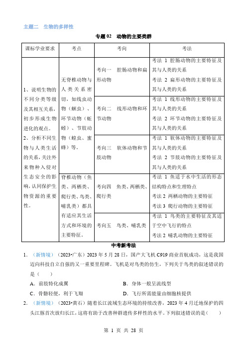 2024中考生物真题题源解密专题02 动物的主要类群