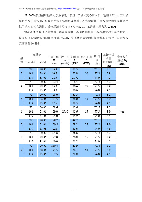 DF12-50多级耐腐蚀离心泵性能参数表-长沙奔腾泵业