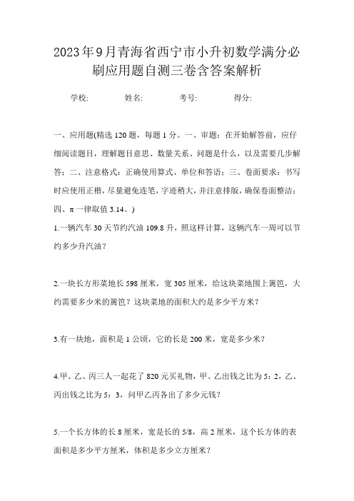 2023年9月青海省西宁市小升初数学满分必刷应用题自测三卷含答案解析