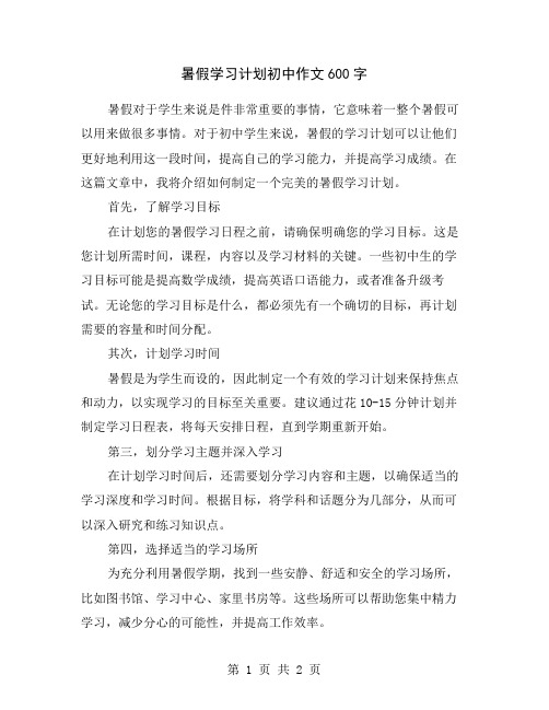 暑假学习计划初中作文600字