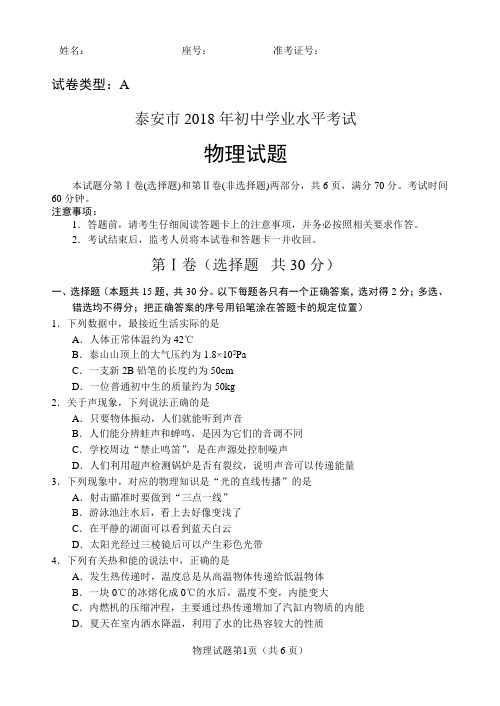 2018年山东泰安中考物理试题及其答案