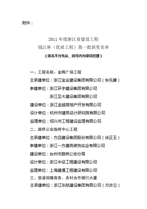 2011 年度浙江省建设工程钱江杯(优质工程)第一批评选结果