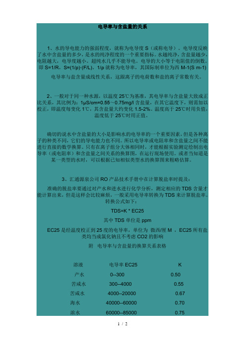 TDS和电导率及含盐量关系(可速查)