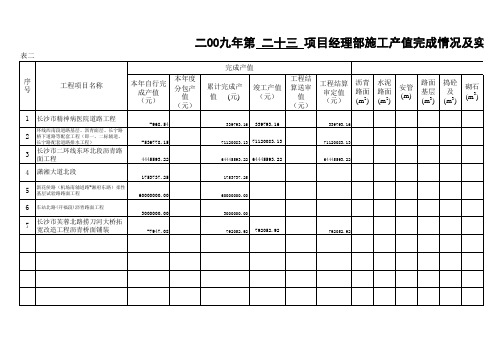 2010年项目部施工产值完成情况及实物工程量表