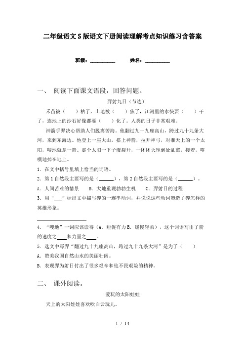 二年级语文S版语文下册阅读理解考点知识练习含答案