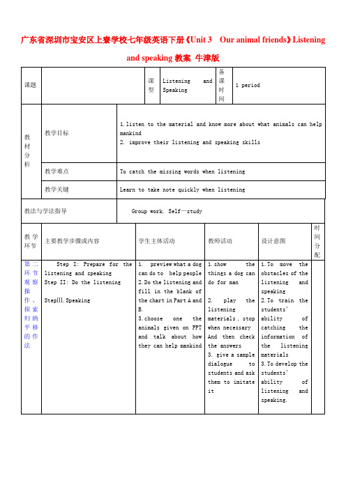 七年级英语下册《Unit 3 Our animal friends》Listening and speaking教案 牛津版