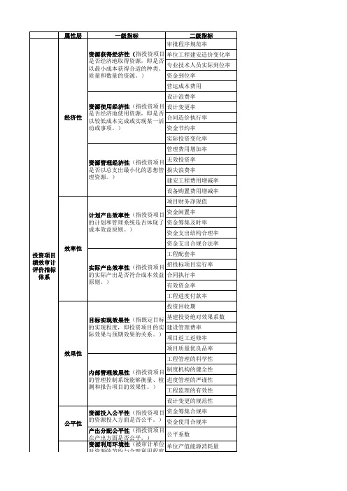 投资项目绩效审计评价主要指标