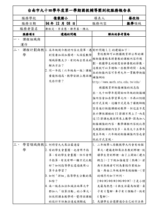 台南市九十四学年度第一学期国教辅导团到校服务报告表