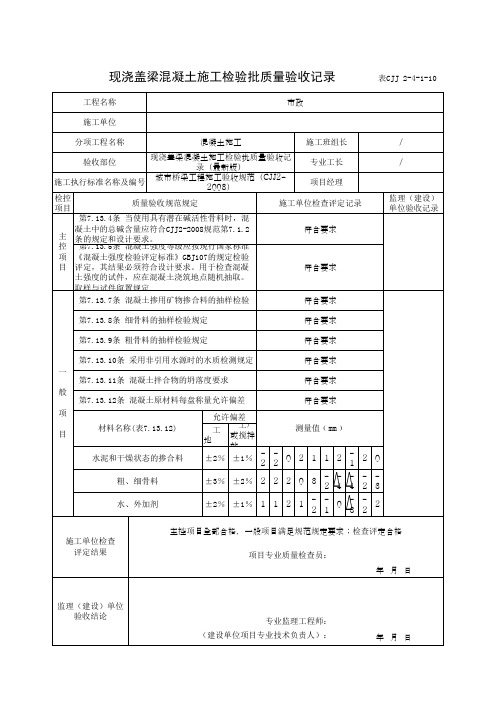 现浇盖梁混凝土施工检验批质量验收记录(最新版)