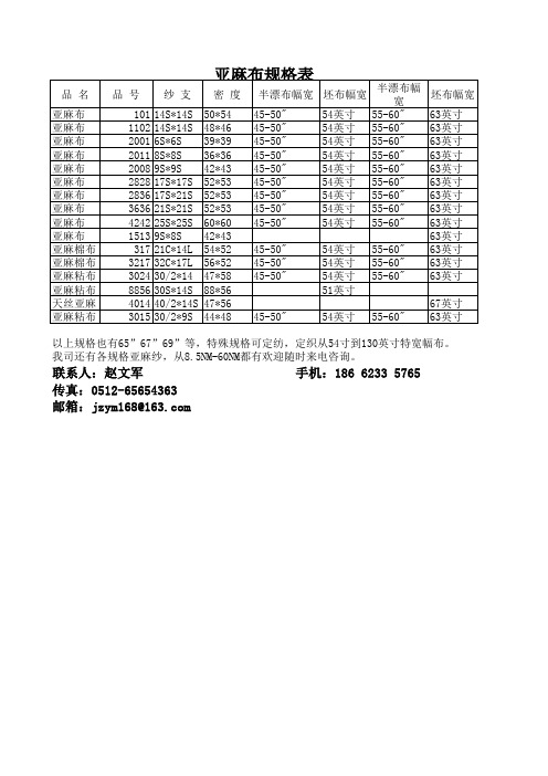 亚麻布规格表