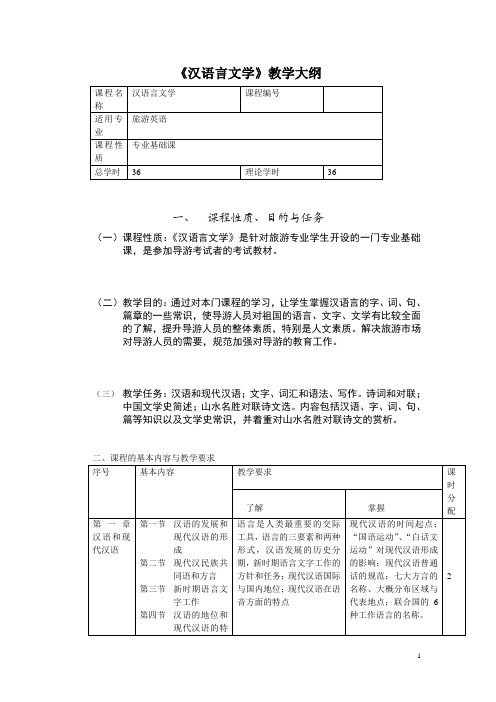 《汉语言文学》教学大纲