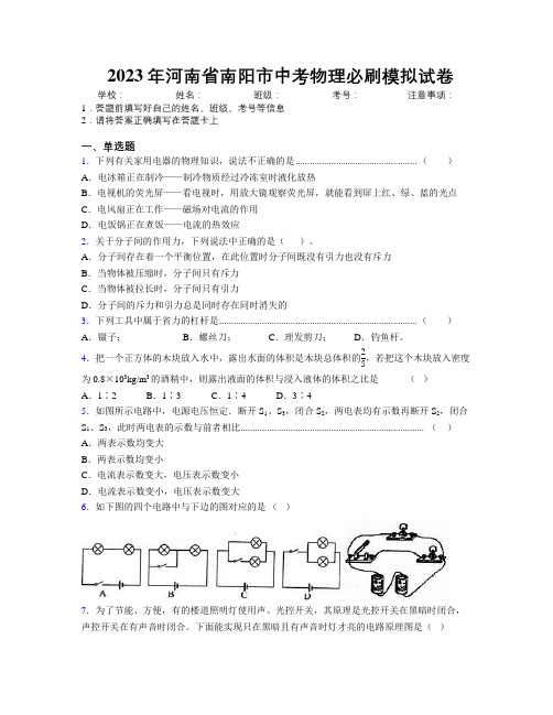 最新2023年河南省南阳市中考物理必刷模拟试卷附解析