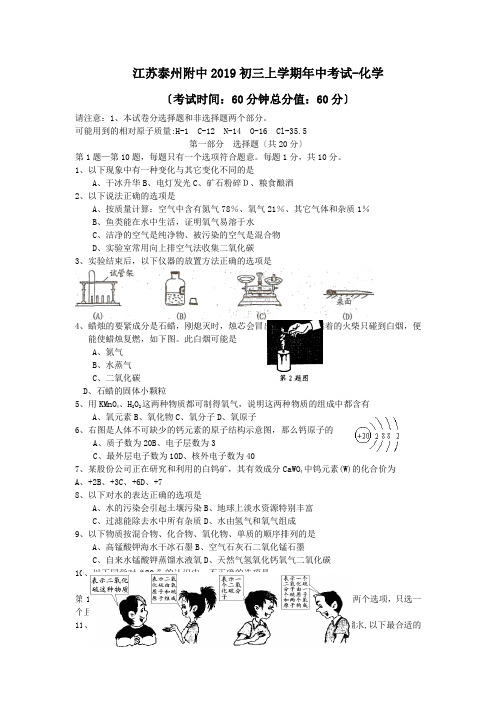 江苏泰州附中2019初三上学期年中考试-化学