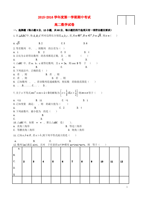 高二数学上学期期中试题1