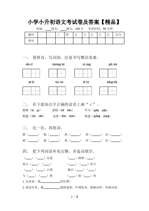 小学小升初语文考试卷及答案【精品】