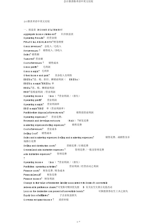 会计报表格术语中英文对照