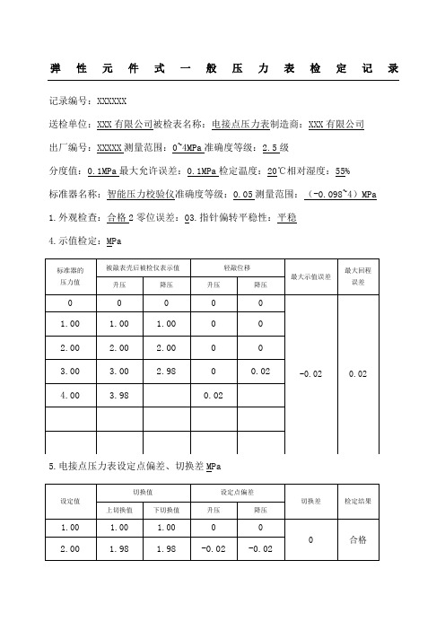 弹性元件式一般压力表格检定记录有数据