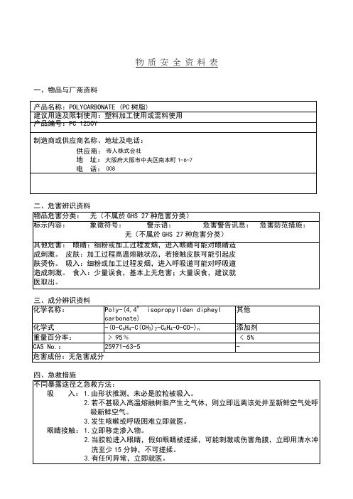 PC-MSDS报告日本材料商PC料化学品安全技术说明书