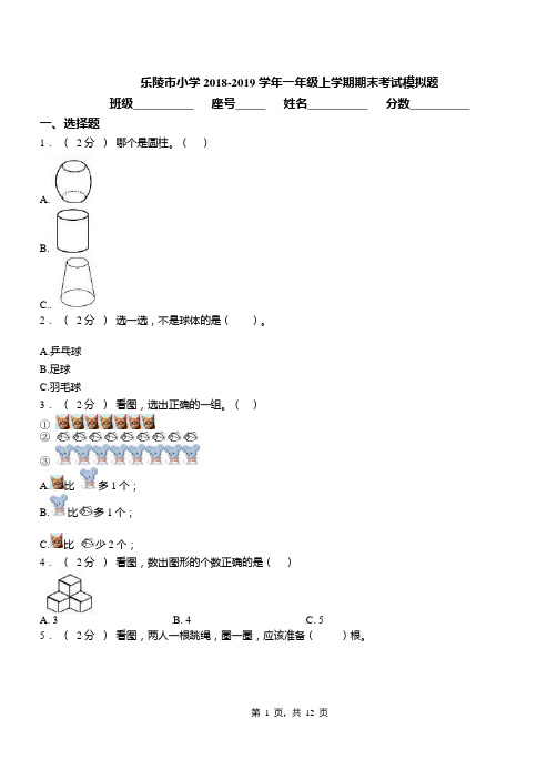 乐陵市小学2018-2019学年一年级上学期期末考试模拟题