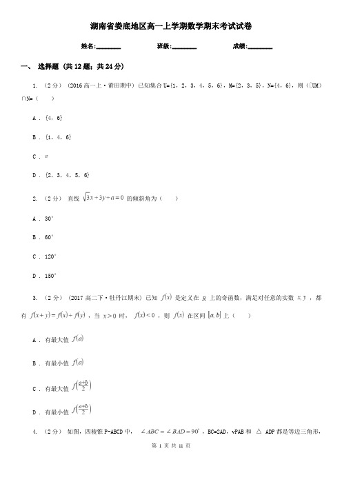 湖南省娄底地区高一上学期数学期末考试试卷