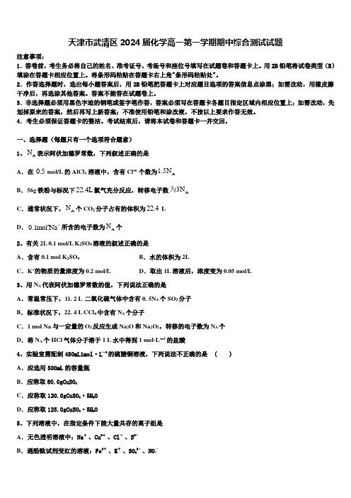 天津市武清区2024届化学高一第一学期期中综合测试试题含解析