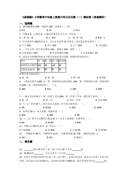 《易错题》小学数学六年级上册第六单元百分数(一)测试卷(答案解析)