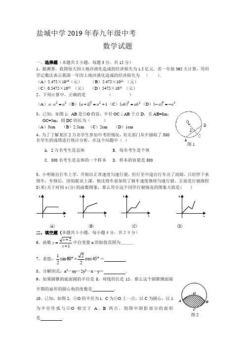 江苏省盐城中学2019年春九年级中考复习考前综合模拟卷数学试题