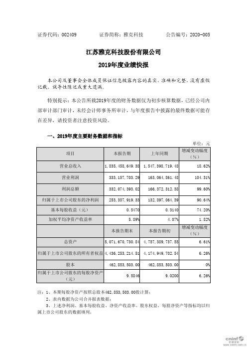 雅克科技：2019年度业绩快报