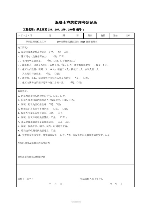 混凝土浇筑监理旁站记录(完整)