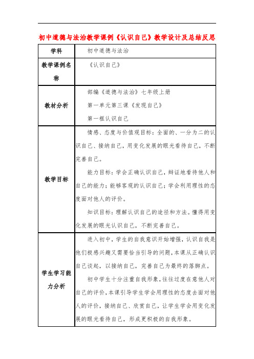 初中道德与法治教学课例《认识自己》教学设计及总结反思