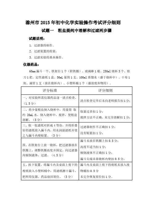 滁州市2015年初中化学实验操作考试评分细则(1)