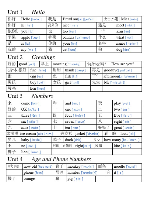 闽教版三年级上册英语单词