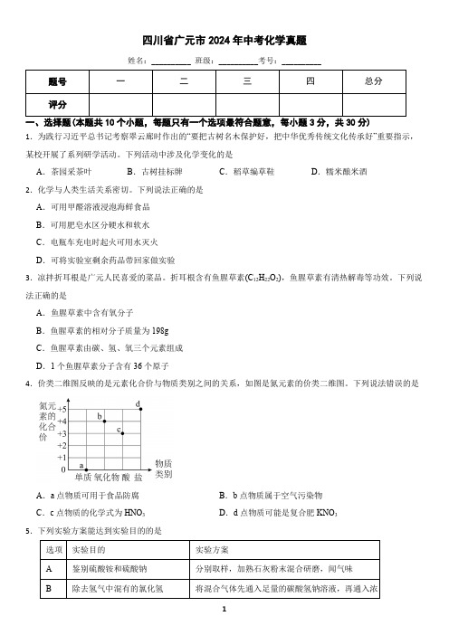 四川省广元市2024年中考化学真题(含答案)