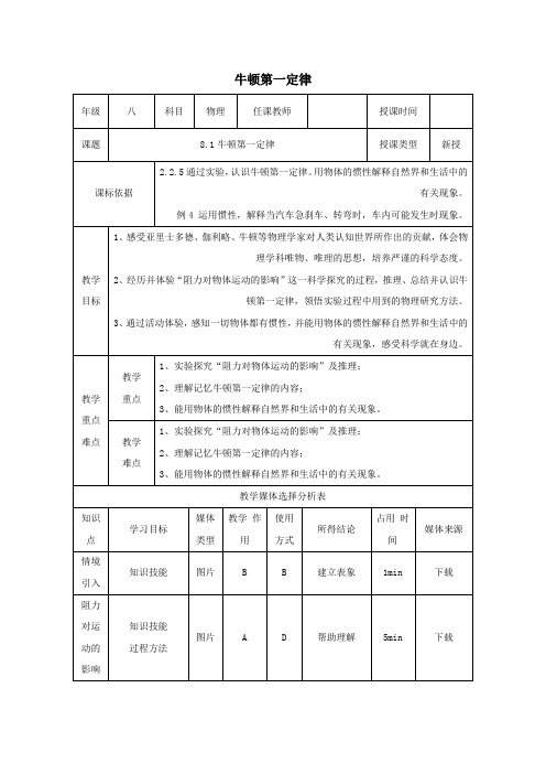 【精选】八年级物理下册8、1牛顿第一定律教学设计新版新人教版