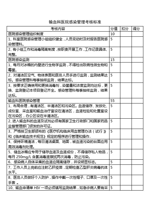 输血科医院感染考核标准