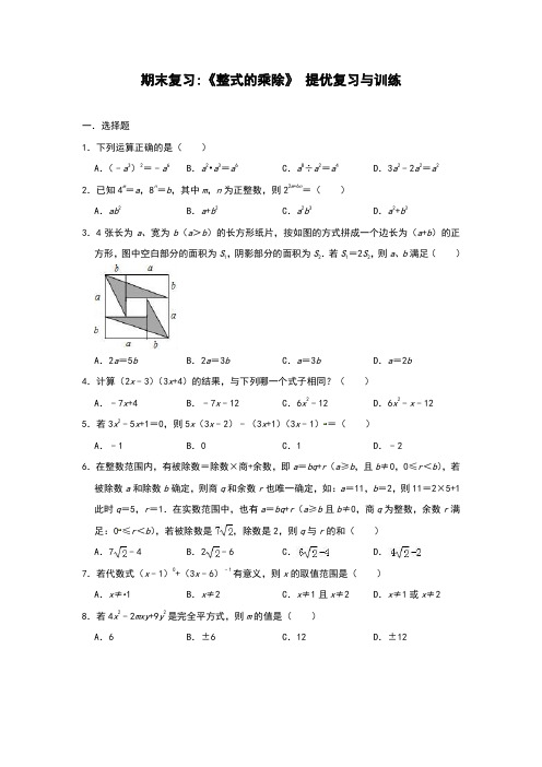 北师大版七年级下期 期末复习 第1章 《整式的乘除》 提优复习与训练(附答案)