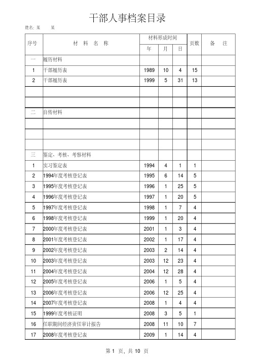 人事档案目录范本