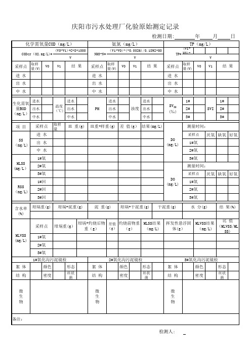 污水处理厂化验原始记录