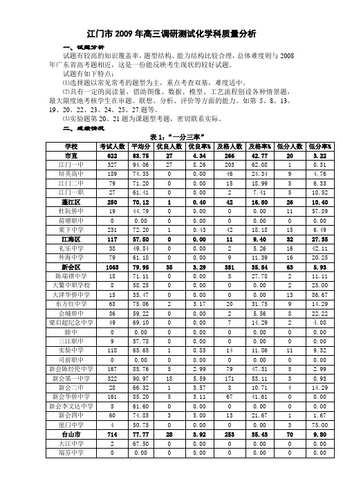 江门2009年高三调研测试化学科质量分析