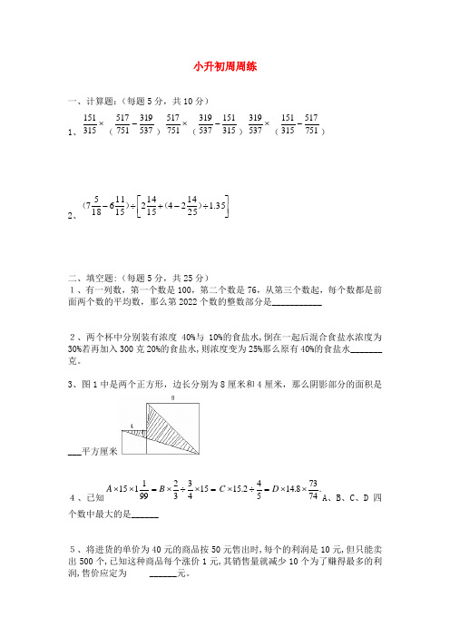 六年级数学 小升初周周练7青岛版