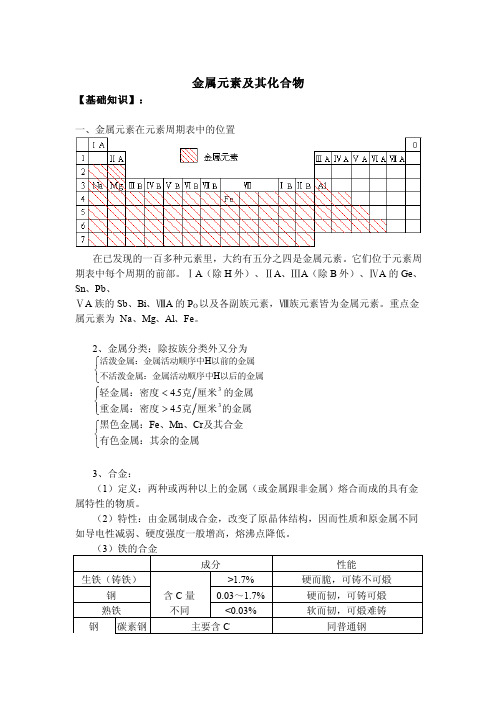 金属元素及其化合物【基础知识】一、金属元素在元素周期表中的位置