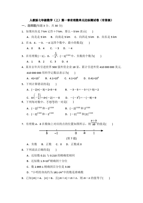 【名校习题】人教版七年级数学上册第一章有理数单元水平训练试题含解析