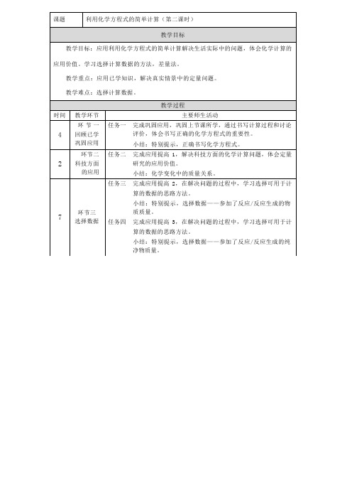 利用化学方程式的简单计算_教学设计_第二课时