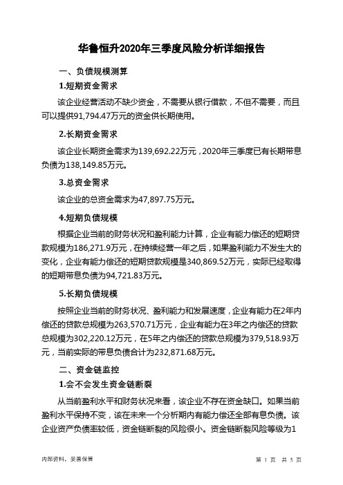 华鲁恒升2020年三季度财务风险分析详细报告