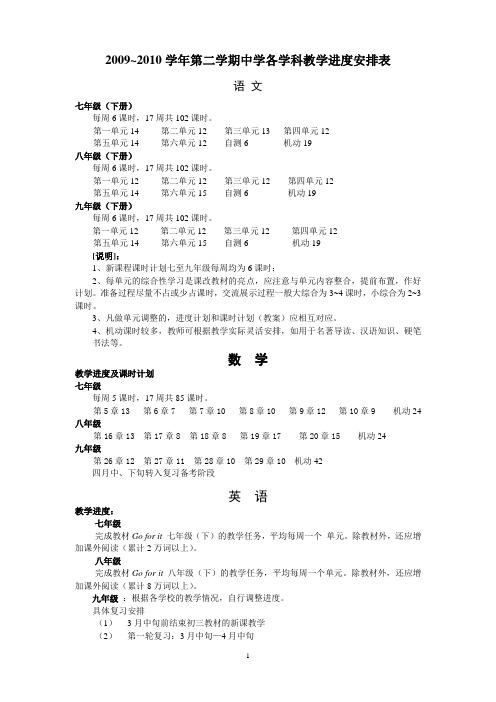 第二学期中学各学科教学进度安排表