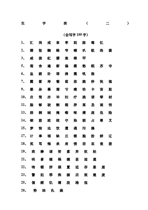 语文S版四年级生字表