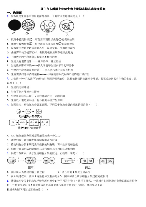 厦门市人教版七年级生物上册期末期末试卷及答案